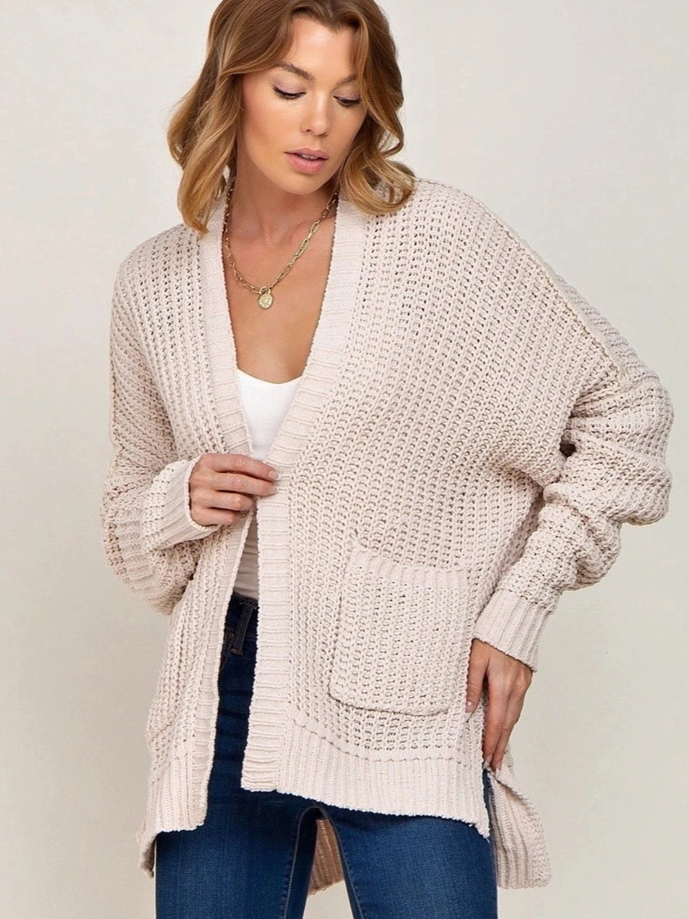 POL Beige Chunky Knit Oversized Cardigan Size M Pockets Open Front